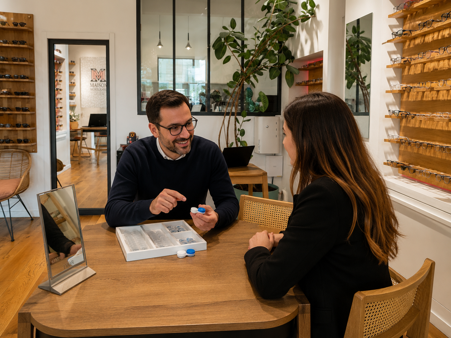 Opticien indépendant conseillant une cliente pour le choix de lentilles de contact chez Maison Montgrand Optique à Marseille