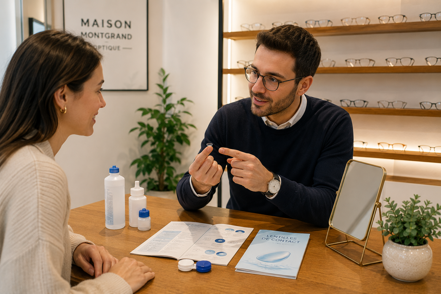 Opticien expliquant les bonnes pratiques d'entretien des lentilles de contact à un client chez Maison Montgrand Optique.