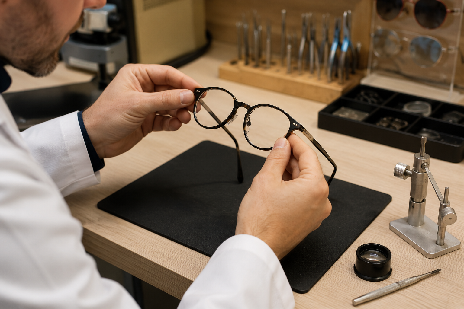 Opticien contrôlant l’état d’une monture dans l’atelier de Maison Montgrand Optique à Marseille