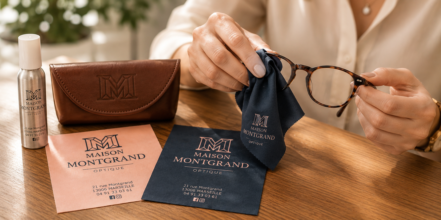 Opticien indépendant à Marseille nettoyant soigneusement une paire de lunettes premium chez Maison Montgrand Optique