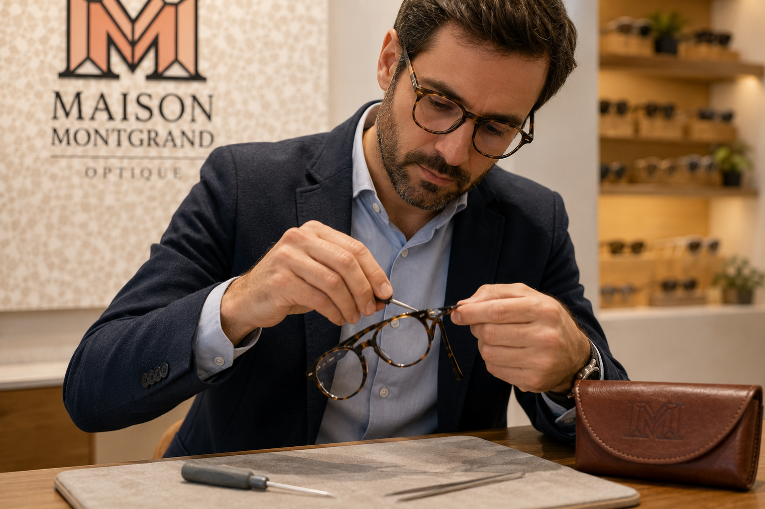 Opticien ajustant une paire de lunettes pour assurer une tenue stable et confortable chez Maison Montgrand Optique à Marseille