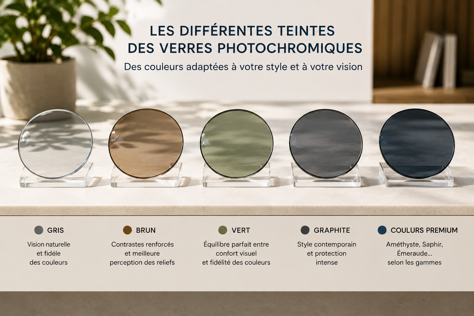 Les différentes teintes disponibles pour les verres photochromiques